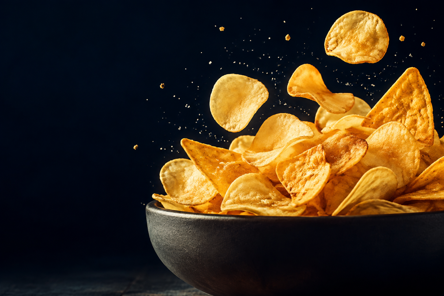 Golden crispy potato chips in a ceramic bowl